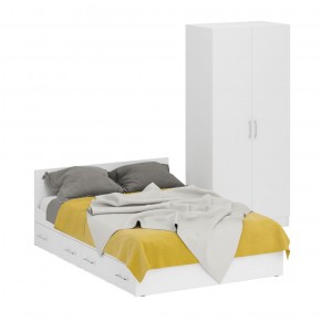 Кровать с ящиками 1400 + Шкаф 2-х створчатый Стандарт, цвет белый, ШхГхВ 143,5х203,5х70 + 90х52х200 см., сп.м. 1400х2000 мм., б/м, основание есть в Североуральске - severouralsk.mebel-74.com | фото